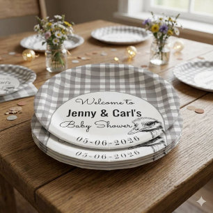 Grijze Gingham Struisvogel Cute Baby Shower Papieren Bordje