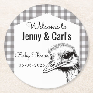 Grijze Gingham Struisvogel Cute Baby shower Ronde Kartonnen Onderzetter