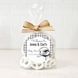 Grijze Gingham Struisvogel Cute Baby shower Ronde Sticker