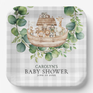 Grijze Gingham Waterverf Noach's Ark Baby Shower Papieren Bordje