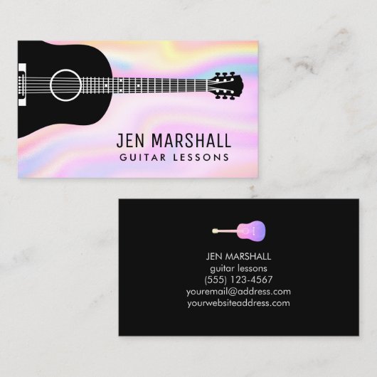 Grijze gitaar silhouet op faux iriserende design visitekaartje (Voorkant / Achterkant)