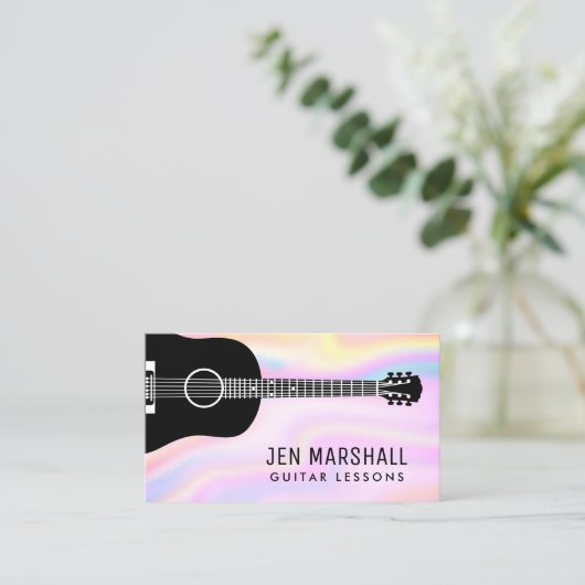 Grijze gitaar silhouet op faux iriserende design visitekaartje (Staand voorkant)