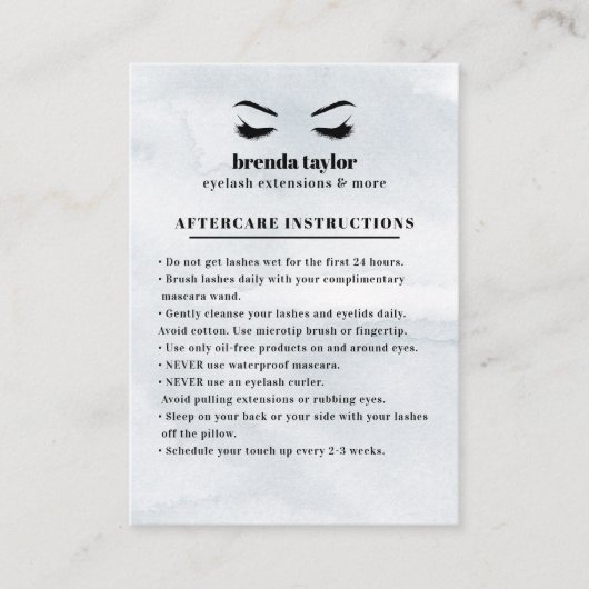 Grijze Glam Wimper Browbar Aftercare Instructies Visitekaartje (Voorkant)