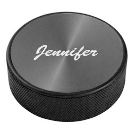 Grijze glanzende faux metal aangepaste naam hockey puck