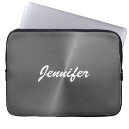 Grijze glanzende faux metal aangepaste naam laptop sleeve