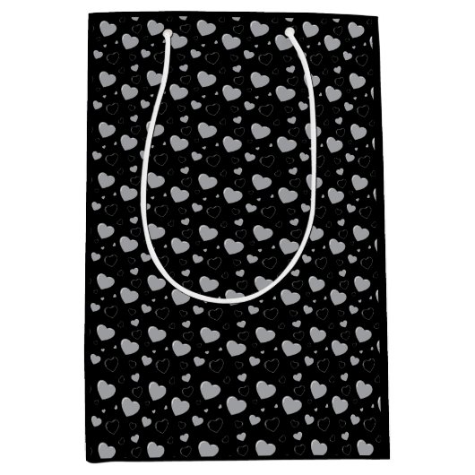 Grijze glanzende harten schattig romantisch patroo medium cadeauzakje (Voorkant)