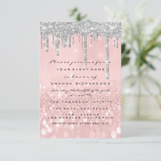 Grijze glinsterende druppels zilveren roos bruids  kaart (Staand voorkant)