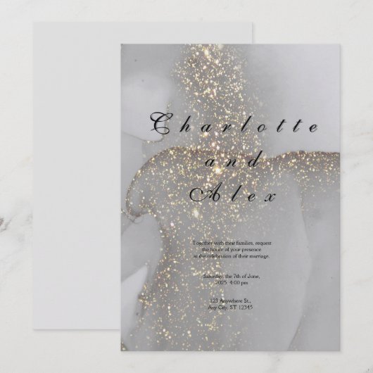 Grijze Glitter Elegante Inkt Trouw Uitnodiging (Voorkant / Achterkant)