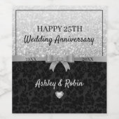 Grijze glitter en bloemdamast wijn etiket (Enkel label)