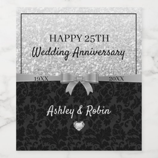 Grijze glitter en bloemdamast wijn etiket (Enkel label)