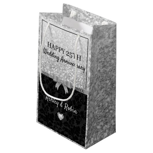 Grijze Glitter en Damask Klein Cadeauzakje (Achterkant Gekanteld)