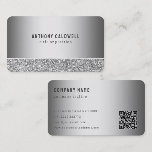 Grijze glitter en grijze metalen visitekaartje (Voorkant / Achterkant)