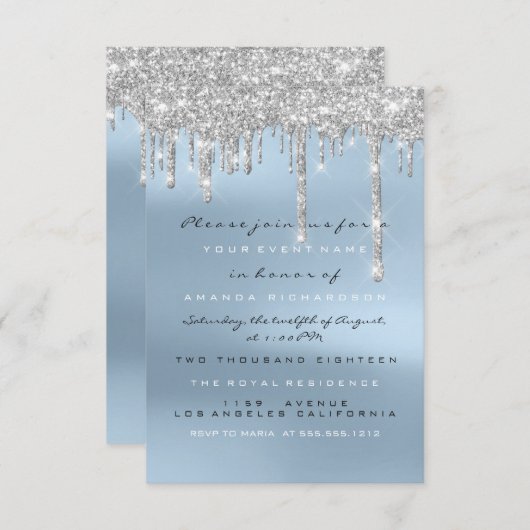 Grijze Glitterdruppels Zilveren Blauwe Bruids Swee Kaart (Voorkant / Achterkant)