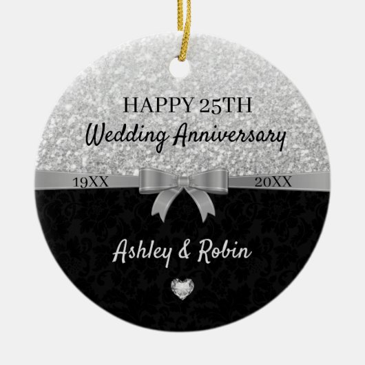 Grijze glitters en zwarte damast keramisch ornament (Voorkant)