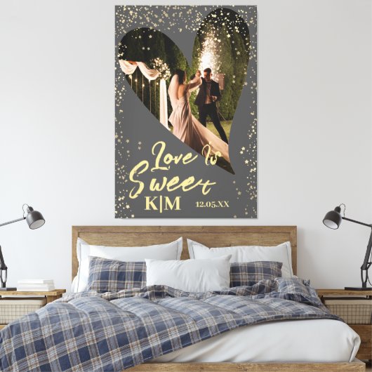 Grijze Gold Love is Sweet Wedding Canvas Afdruk (Insitu (Slaapkamer))