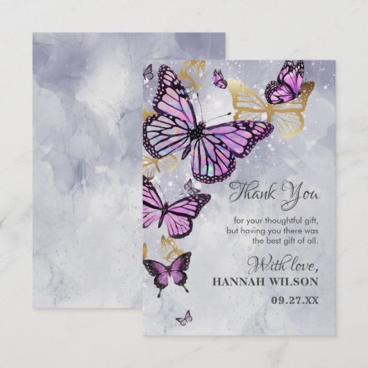 Grijze Goud Paarse Vlinder Elegante Bruidsdouche Bedankkaart (Voorkant / Achterkant)