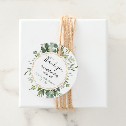 Grijze goudelegante eucalyptusbaby shower bedankjes labels (In situ)