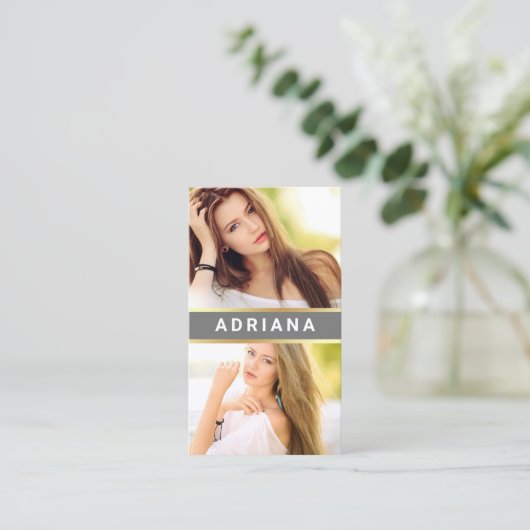 Grijze goudvormig actrice QR Code 2 Foto collage Visitekaartje (Staand voorkant)