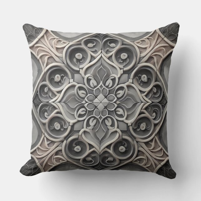 Grijze Gradient Mandala Patroon: Serene Mozaïek Ku Kussen (Voorkant)