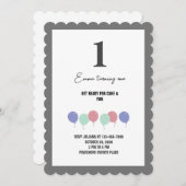 Grijze grenzen ballonnen 1e verjaardag Uitnodiging (Voorkant / Achterkant)