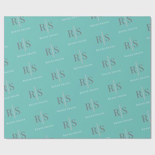 Grijze grijze monogram & witte naam, licht Blauwgr Cadeaupapier (Vlak)