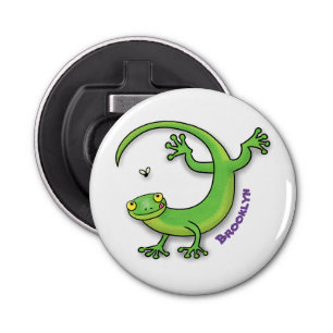 Grijze groene gekko-groeten met bug-cartoon button flesopener
