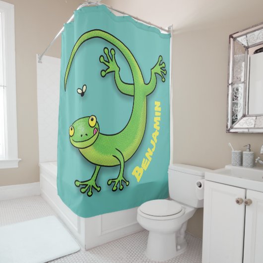 Grijze groene gekko-groeten met bug-cartoon douchegordijn (In situ)