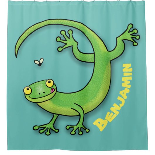 Grijze groene gekko-groeten met bug-cartoon douchegordijn (Voorkant)
