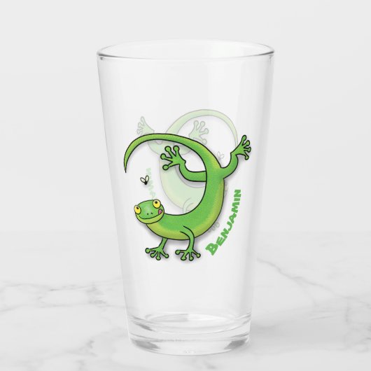 Grijze groene gekko-groeten met bug-cartoon glas (Achterkant)