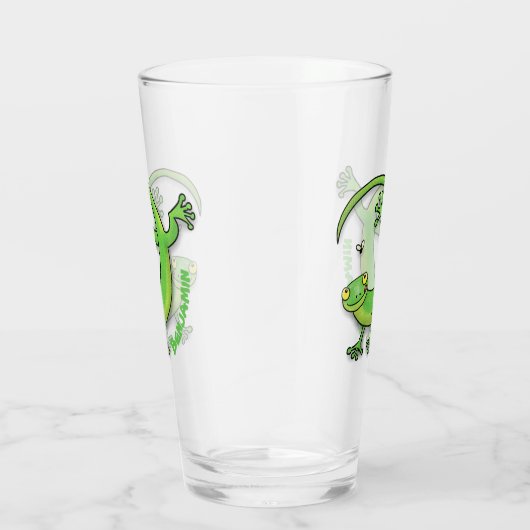 Grijze groene gekko-groeten met bug-cartoon glas (Rechts)