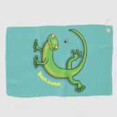 Grijze groene gekko-groeten met bug-cartoon golfhanddoek (Horizontaal)