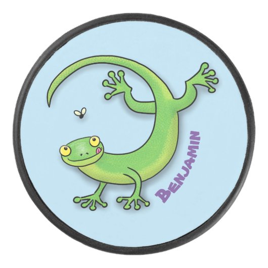 Grijze groene gekko-groeten met bug-cartoon hockey puck (Voorkant)