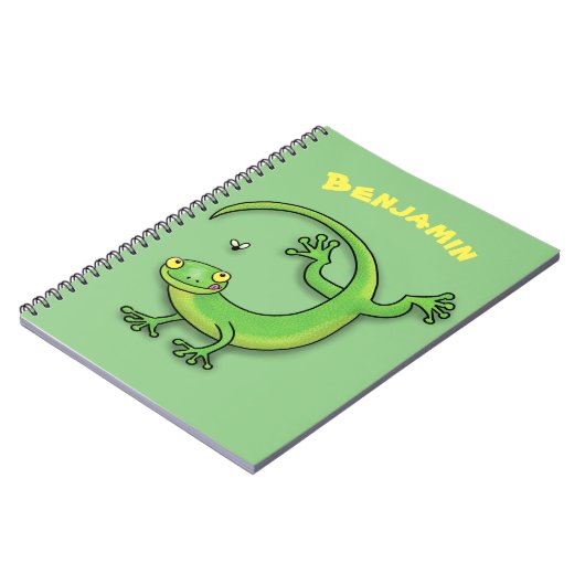 Grijze groene gekko-groeten met bug-cartoon notitieboek (Linkerzijde)