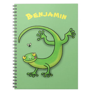 Grijze groene gekko-groeten met bug-cartoon notitieboek