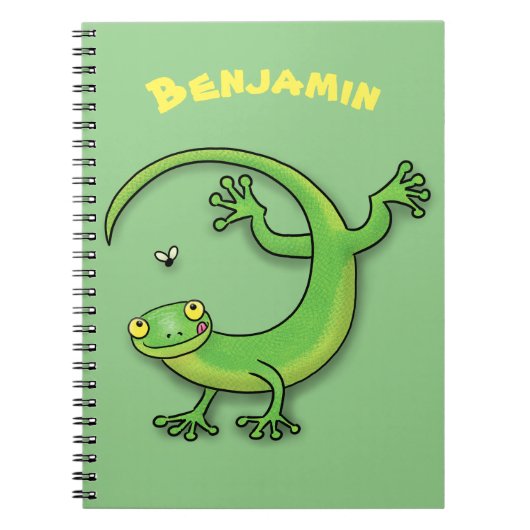 Grijze groene gekko-groeten met bug-cartoon notitieboek (Voorkant)