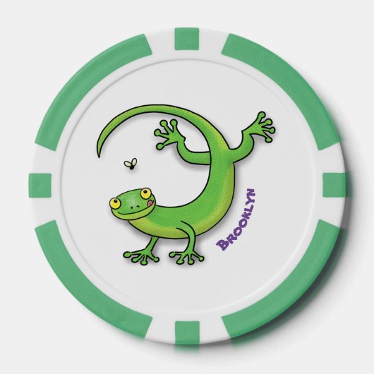 Grijze groene gekko-groeten met bug-cartoon poker chips (Voorkant)