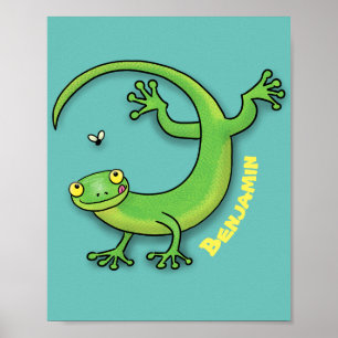 Grijze groene gekko-groeten met bug-cartoon poster
