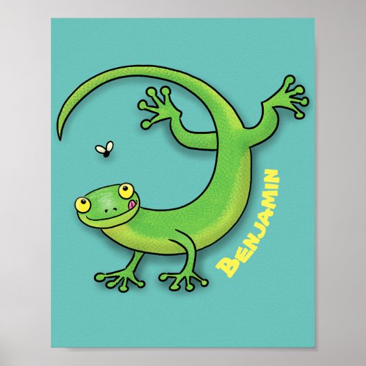 Grijze groene gekko-groeten met bug-cartoon poster (Voorkant)