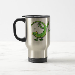 Grijze groene gekko-groeten met bug-cartoon reisbeker