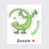 Grijze groene gekko-groeten met bug-cartoon sticker (Vel)