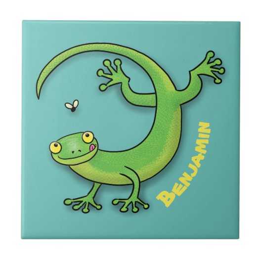 Grijze groene gekko-groeten met bug-cartoon tegeltje (Voorkant)