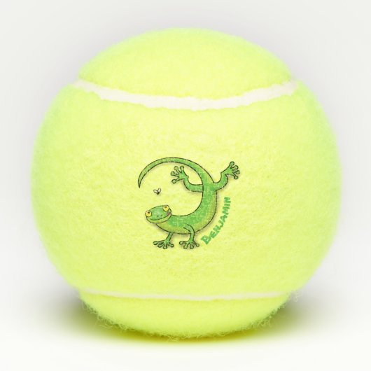 Grijze groene gekko-groeten met bug-cartoon tennisballen (Achterkant)