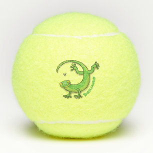 Grijze groene gekko-groeten met bug-cartoon tennisballen
