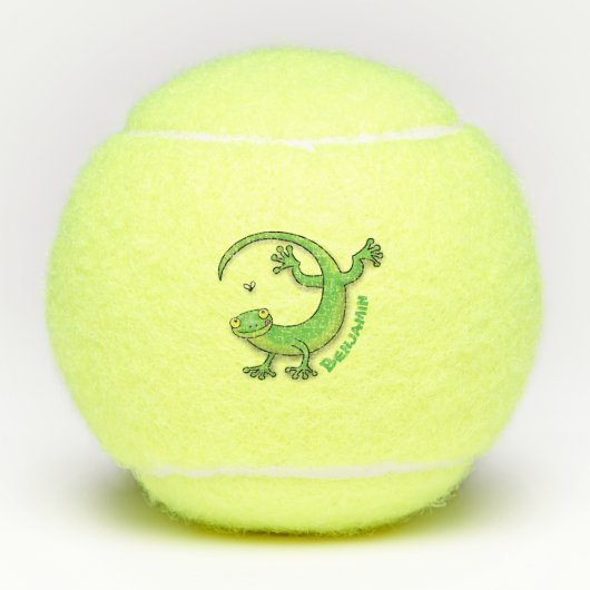Grijze groene gekko-groeten met bug-cartoon tennisballen (Voorkant)