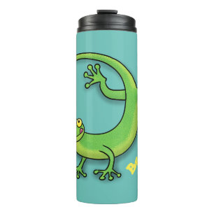 Grijze groene gekko-groeten met bug-cartoon thermosbeker