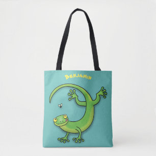 Grijze groene gekko-groeten met bug-cartoon tote bag