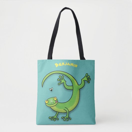 Grijze groene gekko-groeten met bug-cartoon tote bag (Voorkant)