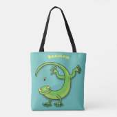 Grijze groene gekko-groeten met bug-cartoon tote bag (Achterkant)