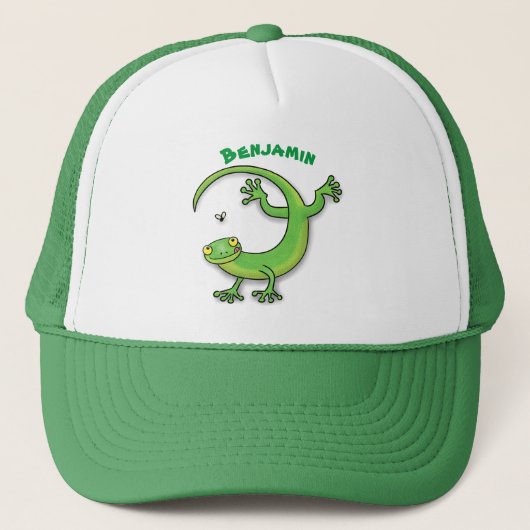 Grijze groene gekko-groeten met bug-cartoon trucker pet (Voorkant)