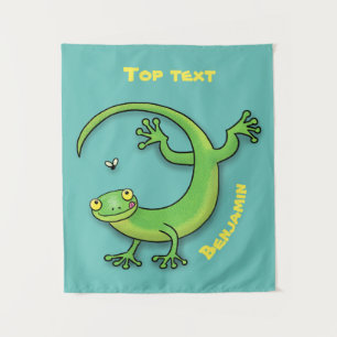 Grijze groene gekko-groeten met bug-cartoon wandkleed